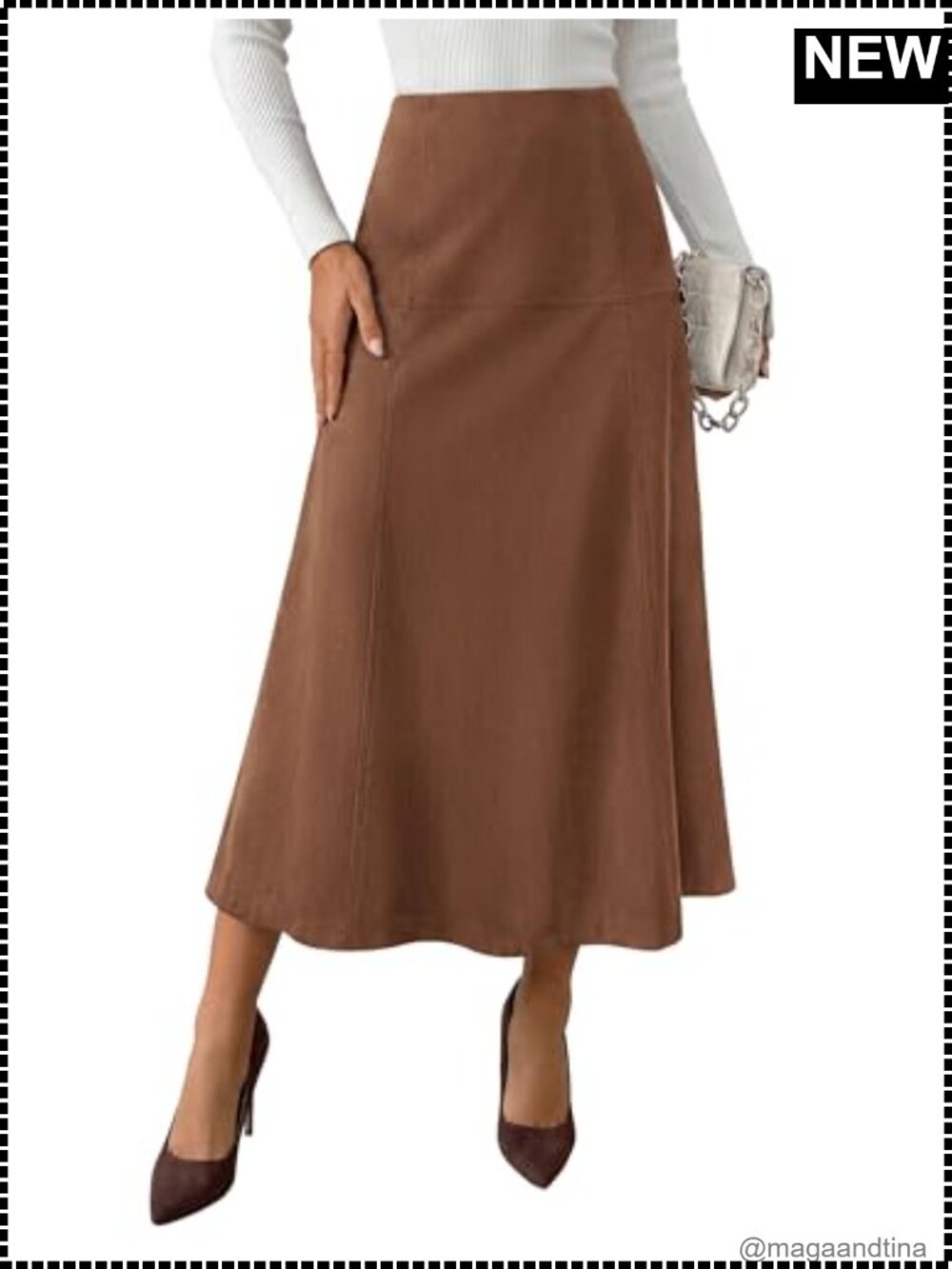 High Waist Faux Suede A-Line Midi Skirt for Work